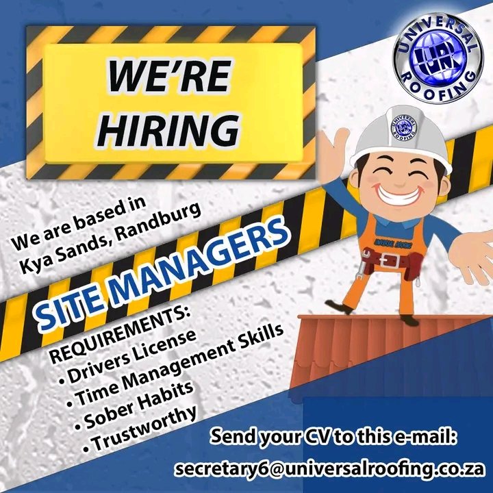 We're Hiring! Site Managers and Personal assistants.
We are based in Kya Sands, Randburg, Gauteng
Please send your CV to secretary6@universalroofing.co.za
#jobs #employmentopportunities #work #workavailable
#careers #careerchange #sitemangers #careeropportunities #sitemanagement