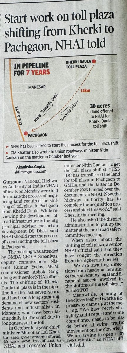 Finally a ray of hope after 7 years of wait &amp; consistent movement! Little progress on #KherkiDaulaTollHatao ⁦<a href="/mlkhattar/">Manohar Lal</a>⁩ ⁦<a href="/NHAI_Official/">NHAI</a>⁩ ⁦⁦<a href="/nitin_gadkari/">Nitin Gadkari</a>⁩ ⁦<a href="/PMOIndia/">PMO India</a>⁩ are slowly waking up. Thanks to those consistently raising voice for this cause!