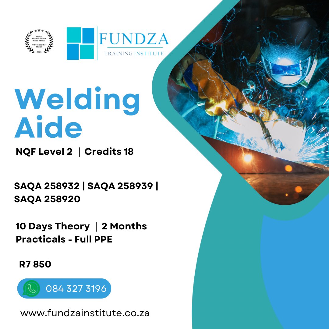 FundzaTraining's tweet photo. Unlock Your Welding Potential NOW with Welding Aide! 🔥 January Intake Open!

🎓 NQF Level 2 │ Earn 18 Valuable Credits 🛠️

Ready to ignite your welding career? Act fast!

📚 10 Days Intensive Theory
🔥 2 Months Hands-On Practical Training
👷‍♂️ Full PPE Provided https://t.co/cEnduHmiw9