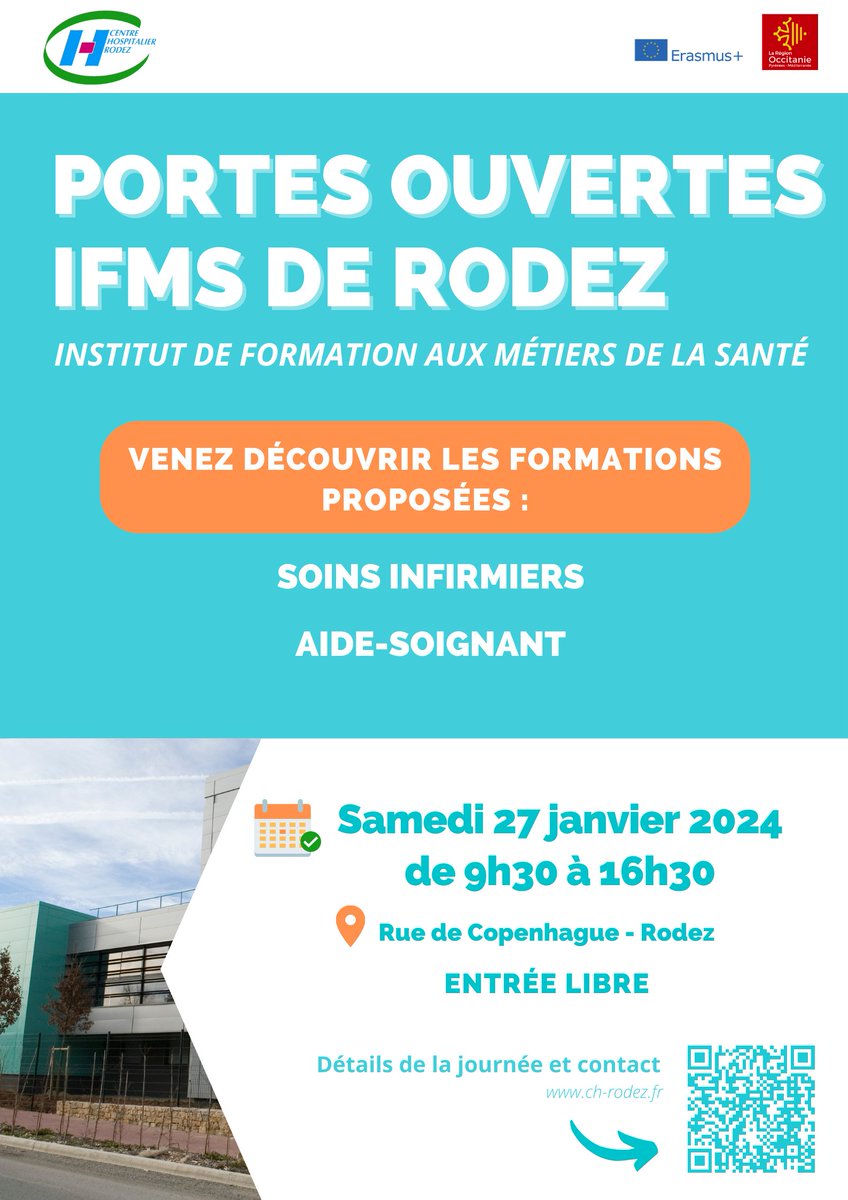 | Journée portes ouvertes à l'IFMS de Rodez | 🗓️ Samedi 27 janvier 2024 🕤De 9h30 à 16h30 📍 Institut de Formation aux Métiers de la Santé : 1 rue de Copenhague, 12000 RODEZ #IFMS #Rodez #Santé #portesouvertes