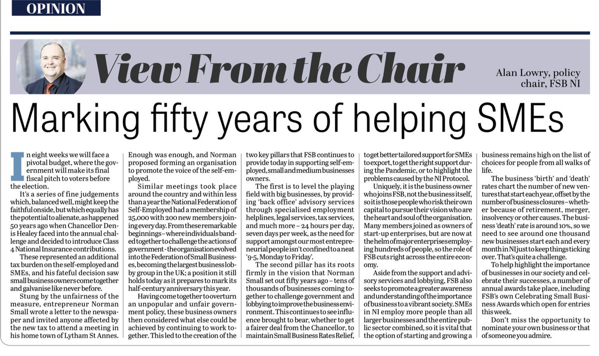 Celebrating 50 years of representing SMEs

✍️ Writing in today’s <a href="/News_Letter/">Belfast News Letter</a>,  Alan Lowry, Chair of FSB’s NI Policy Unit, reflects on 50 years of FSB speaking up for self-employed and SME owners, the entrepreneurs who have grown their businesses and created jobs across the