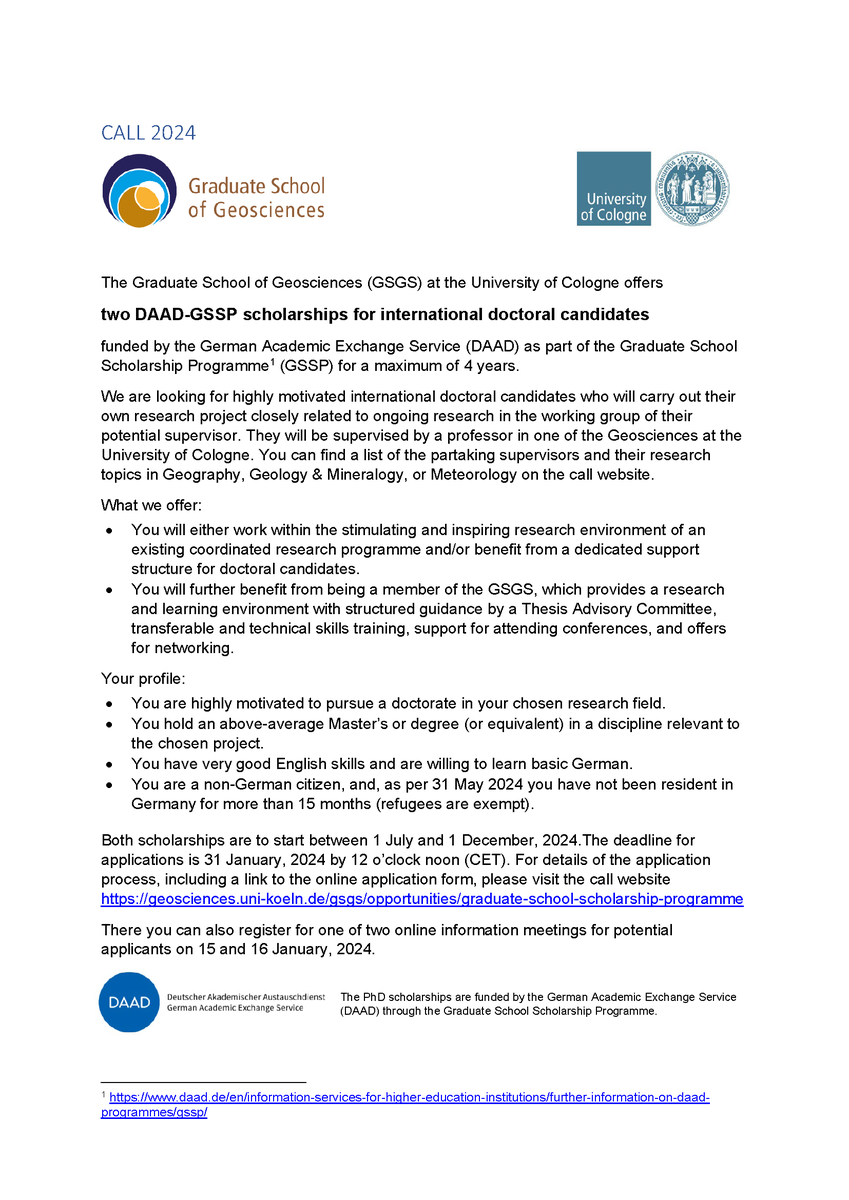 EXPATS_ideas4s's tweet photo. Two scholarships for PhD positions within the Graduate School of Geosciences (GSGS) at the University of Cologne - funded by the @DAAD_Germany  for ~4 years - starting July-Dec 2024. Call closes 31.01.2024. Please read here for more information: https://t.co/KmOOHtqSy3 https://t.co/Tfk9H3vcom