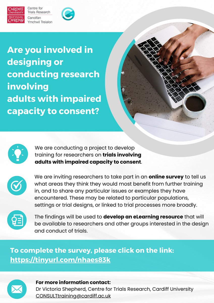 Victoria Shepherd (@vickylshepherd) on Twitter photo ❓Would you benefit from training in design/conduct of trials involving adults with impaired capacity to consent?
Take part in our survey to share what areas/issues would benefit you the most
🔗tinyurl.com/nhaes83k
✉️CONSULTtraining@cardiff.ac.uk
<a href="/CTRCardiffUni/">CTRCardiffUni</a> <a href="/MRCNIHRTMRP/">MRC-NIHR Trials Methodology Research Partnership</a> ❓Would you benefit from training in design/conduct of trials involving adults with impaired capacity to consent?
Take part in our survey to share what areas/issues would benefit you the most
🔗tinyurl.com/nhaes83k
✉️CONSULTtraining@cardiff.ac.uk
<a href="/CTRCardiffUni/">CTRCardiffUni</a> <a href="/MRCNIHRTMRP/">MRC-NIHR Trials Methodology Research Partnership</a>