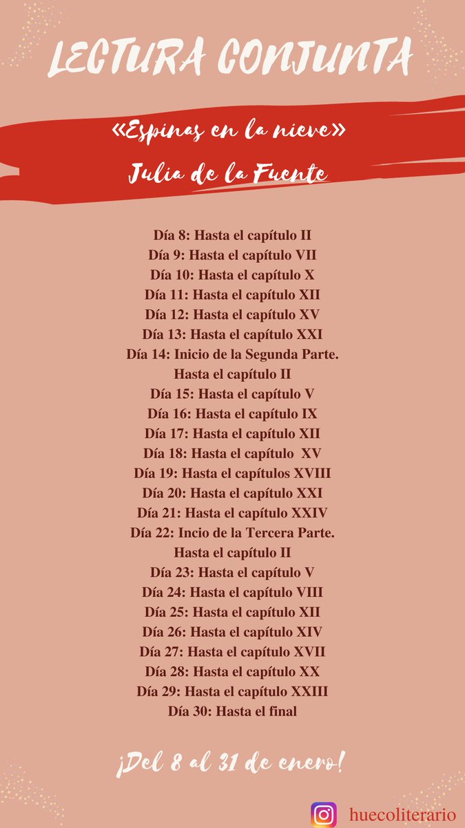 Buenos días, huequitos🧡🌻.

Ayer empezó nuestra LC de enero: «Espinas en la nieve» de <a href="/JuliaDlafuente/">Julia De la Fuente 📕</a> (<a href="/edicioneskiwi/">Ediciones Kiwi</a>)

Aquí tenéis el acceso a nuestro grupo de Telegram: t.me/+yc1OzMEAzG40Y… 

Os esperamos🫶🏼✨