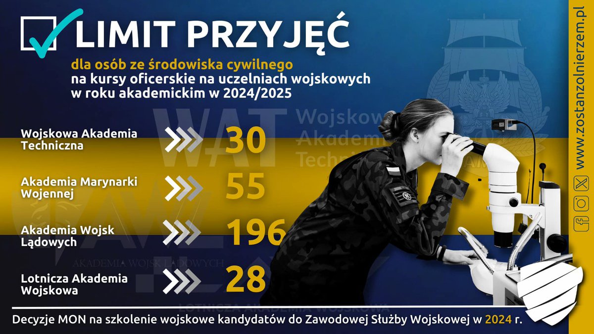 WCRGrudziadz's tweet photo. ⭐️⭐️KURSY OFICERSKIE!
Każdy znajdzie coś dla siebie na jednej z uczelni wojskowych: 🪖
#AWL_Wroc
#Akademia_MW
#WAT_edu
#LWojskowa

Oferta dla:
➡osób ze środowiska cywilnego,
➡podoficerów zawodowych (6-miesiecy),
➡szeregowych zawodowych (12-miesięcy).
#ZostańŻołnierzem🇵🇱 https://t.co/iT2X0F52eI