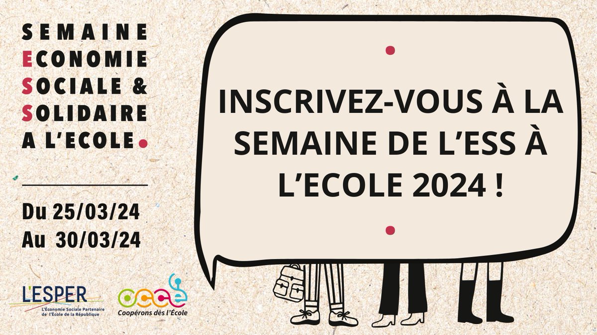 📢 Du 25 au 30 mars 2024, c’est la 8ème édition de la Semaine de l’#ESS à l’École ! Inscrivez-vous dès maintenant➡️ urlr.me/djGv3 🔴AGISSONS POUR UNE ÉCONOMIE + JUSTE + DURABLE + SOLIDAIRE ! #SESSE2024 @LESPER_France @OCCE_FD @education_gouv @Economie_Gouv