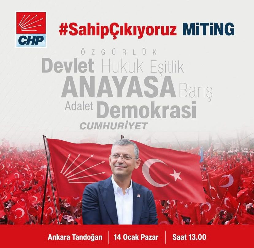 Demokrasiye,  Anayasaya, Geleceğimize, Emeğimize, Ekmeğimize, Ülkemize, Vatanımıza sahip çıkmak için tüm yurttaşlarımızı 14 Ocak saat 13:00'de Ankaradaki Mitingimize davet ediyoruz. #sahipçıkıyoruz
