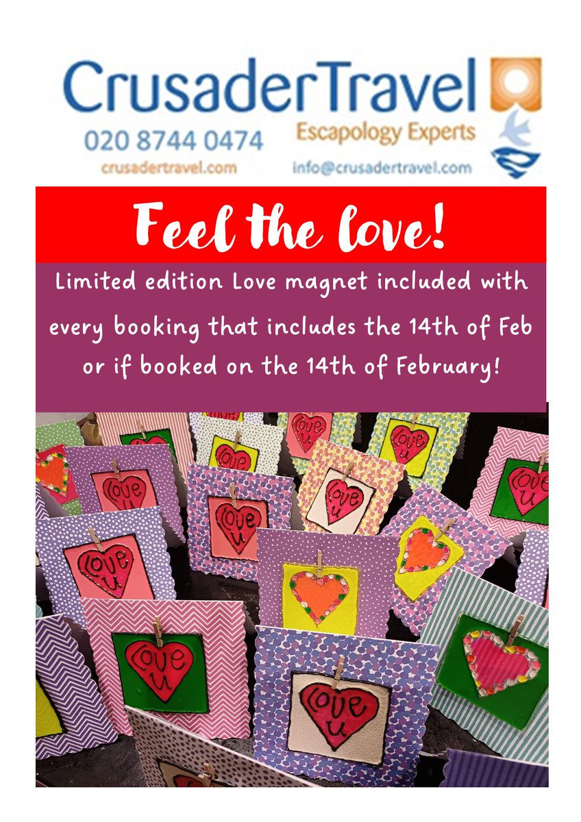 Feel the love this valentine's day with a free limited edition Love magnet when you book a holiday that includes the 14th of February or is booked on the 14th of February! ❤️😍🥰
#valentinesday2024 #CrusaderTravel #twickenhamtravelagentham
#LoveMagnet @ChurchStTwicker
