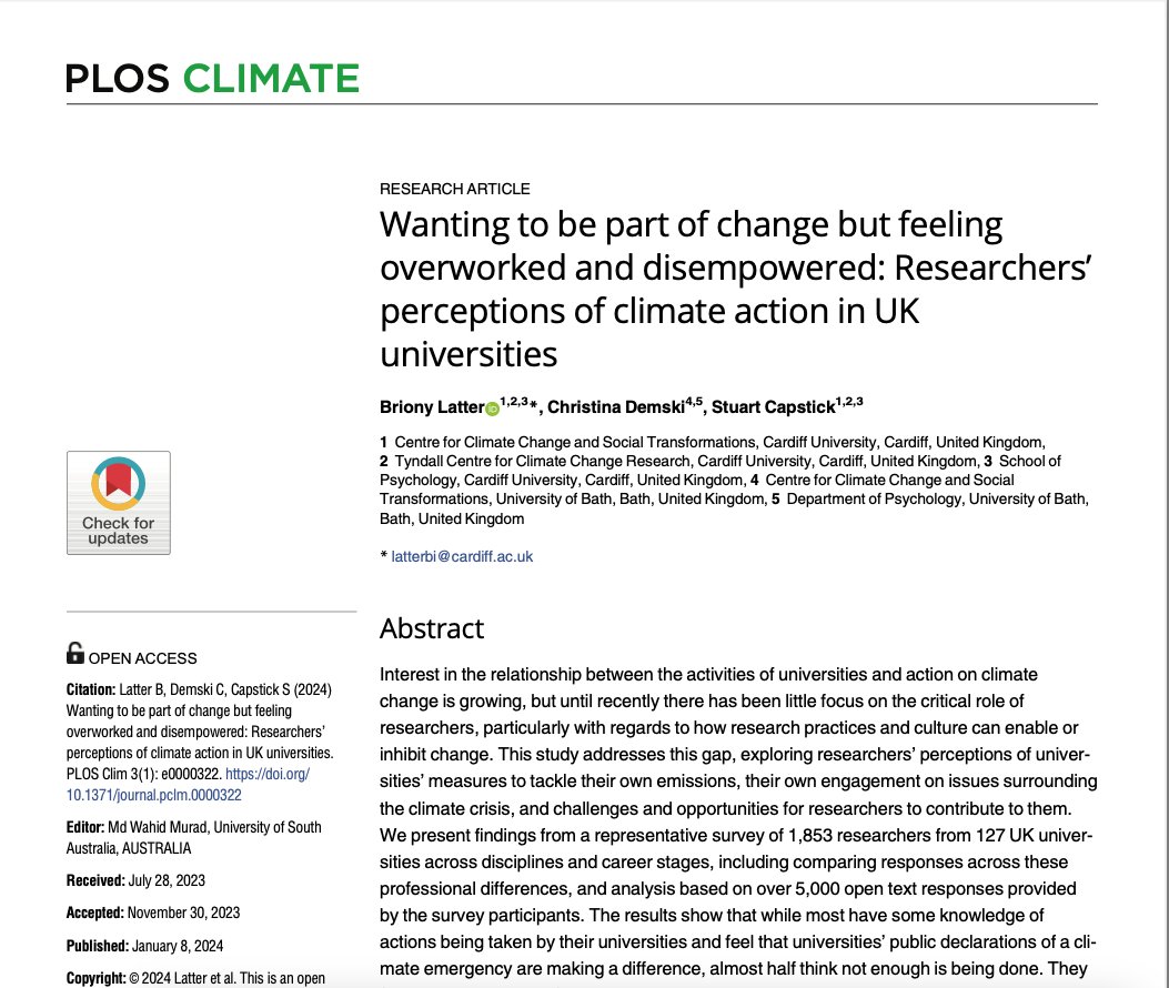 🌟NEW🌟 Almost 2,000 researchers across disciplines/career stages from 127 UK universities told us what they think about unis’ climate action, their own role in this and research culture/practices From me, @DrCDemski & @StuartBCapstick in @PLOSClimate ➡️ doi.org/10.1371/journa…
