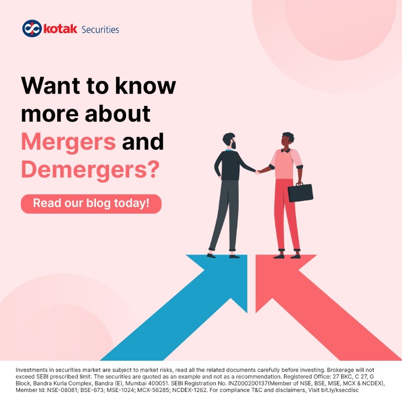 kotakneo's tweet photo. Mergers &amp; demergers entail combining or splitting companies. Mergers consolidate multiple companies into a single entity, whereas demergers fragment a company into smaller parts. Read our blog to know more about this!

Disc: https://t.co/Ytu9yqnZ9v

#KotakSecurities #ResearchBlog