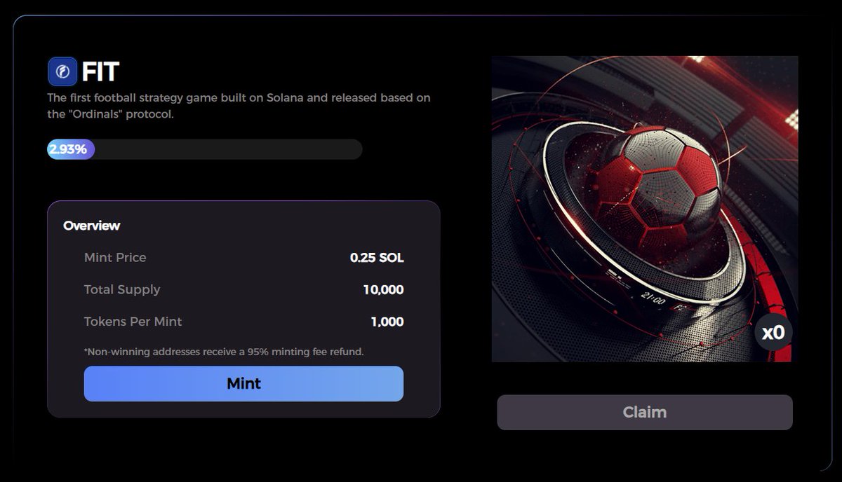 ⚽️#Footie Finance is officially launching $FIT mint, with a limited supply of only 10,000 mints. 

⚽️Each mint only requires 0.25 $SOL. Don't hesitate and join us immediately at footie.finance/mint