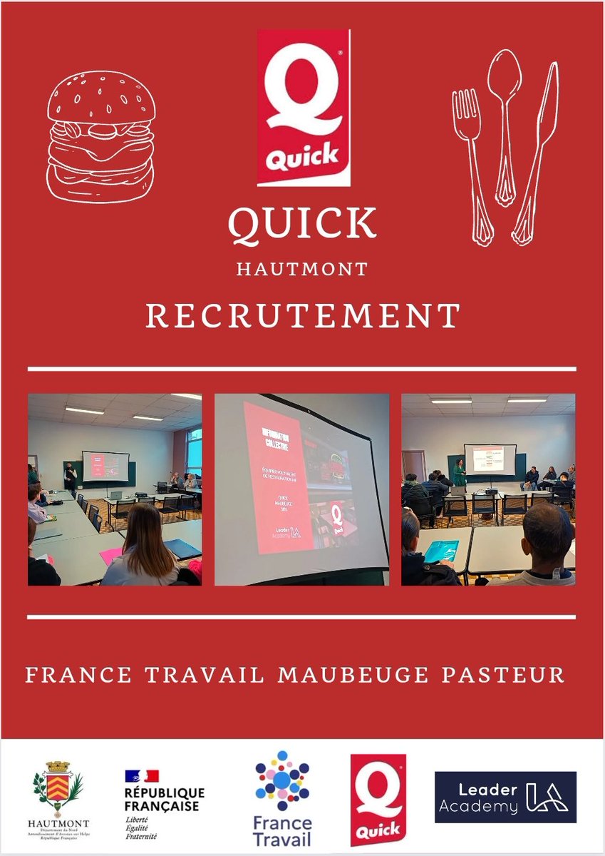 Quick Hautmont 🍔 a le goût du recrutement accompagné par le réseau de l'emploi 🏘️ : Leader Academy , la commune d'Hautmont et France Travail Maubeuge.
À ce jour, 50 présents, 36 personnes qui vont passer les tests de méthode de recrutement par simulation🧾
Bravo à tous 👏👏👏