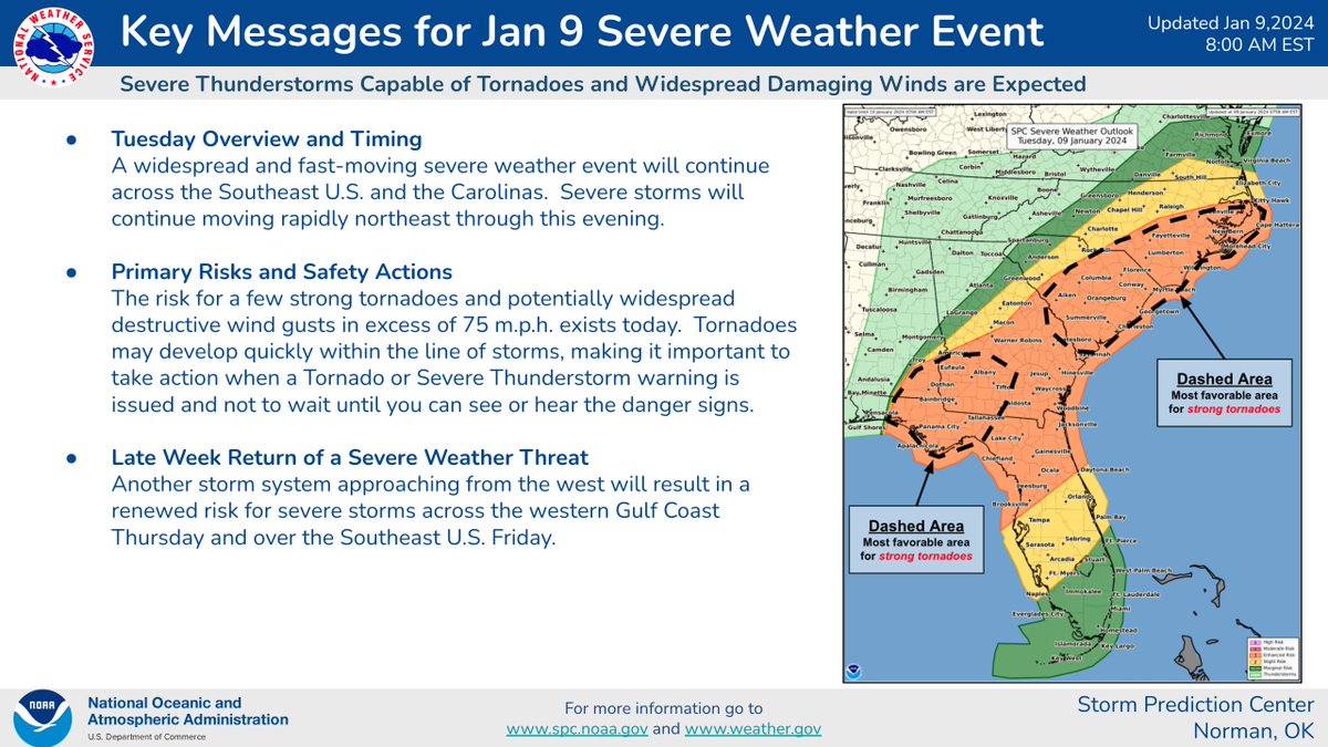 NWSSPC's tweet photo. A line of strong/severe thunderstorms is expected to move across the Southeast today bringing damaging wind gusts and tornadoes. Strong tornadoes will be most likely this morning across southwest GA and the FL Panhandle and then this afternoon/evening in the eastern Carolinas. https://t.co/iWWQTVK6G3