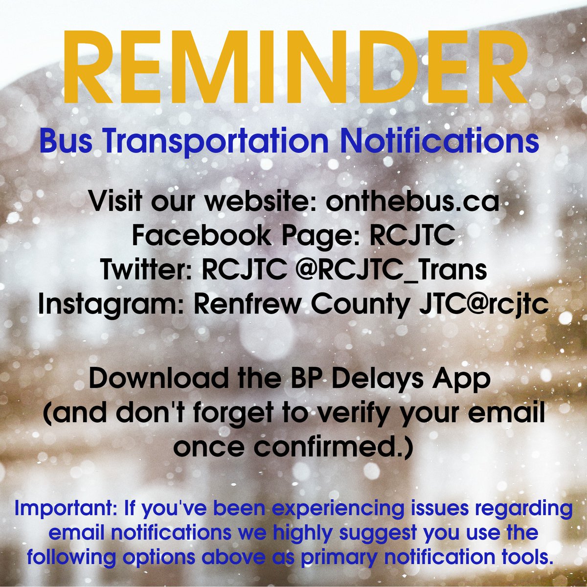 RCJTC_Trans's tweet photo. Just a friendly reminder to parent(s) and guardian(s): RCJTC has many platforms available to provide bus transportation notifications, cancellations, and delays. Have you taken the time to like, follow, or download? https://t.co/efcKIcFojj