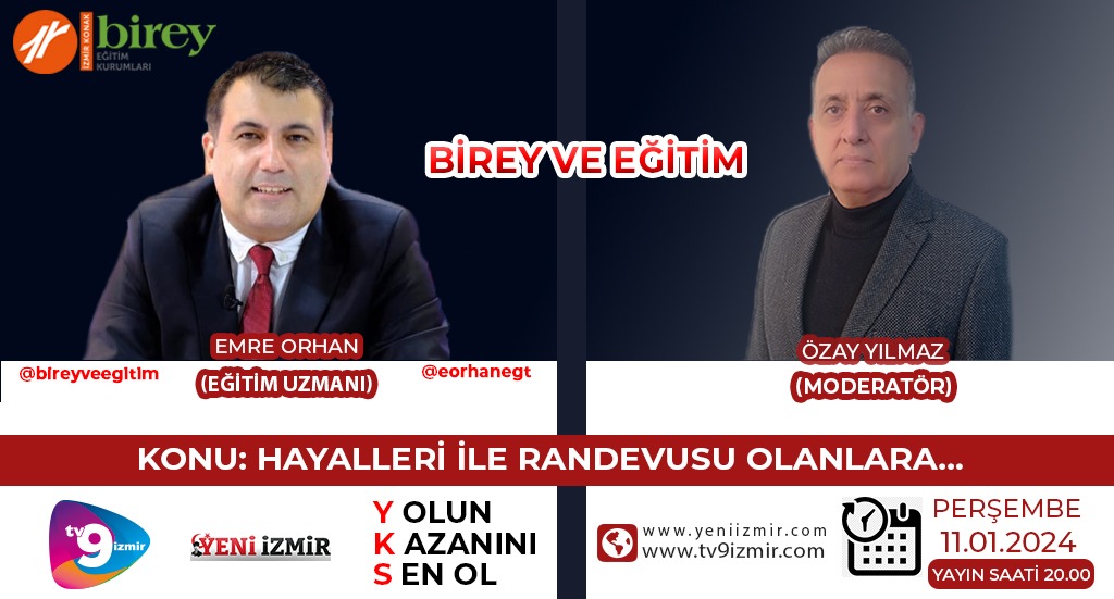 BireyveEgitim's tweet photo. Emre Orhan'ın yapımcılığını üstlendiği @bireyveegitim  PROGRAMI 11.01.2024 Perşembe günü @tv9izmir kanalında yayınlanacak.YKS sürecini ve verimli ders çalışma yöntemlerinin konuşulacağı programda, 
hayalleri ile randevusu olup,Yolun Kazananı Olmak isteyen tüm öğrencileri bekleriz https://t.co/62o14ePPFx