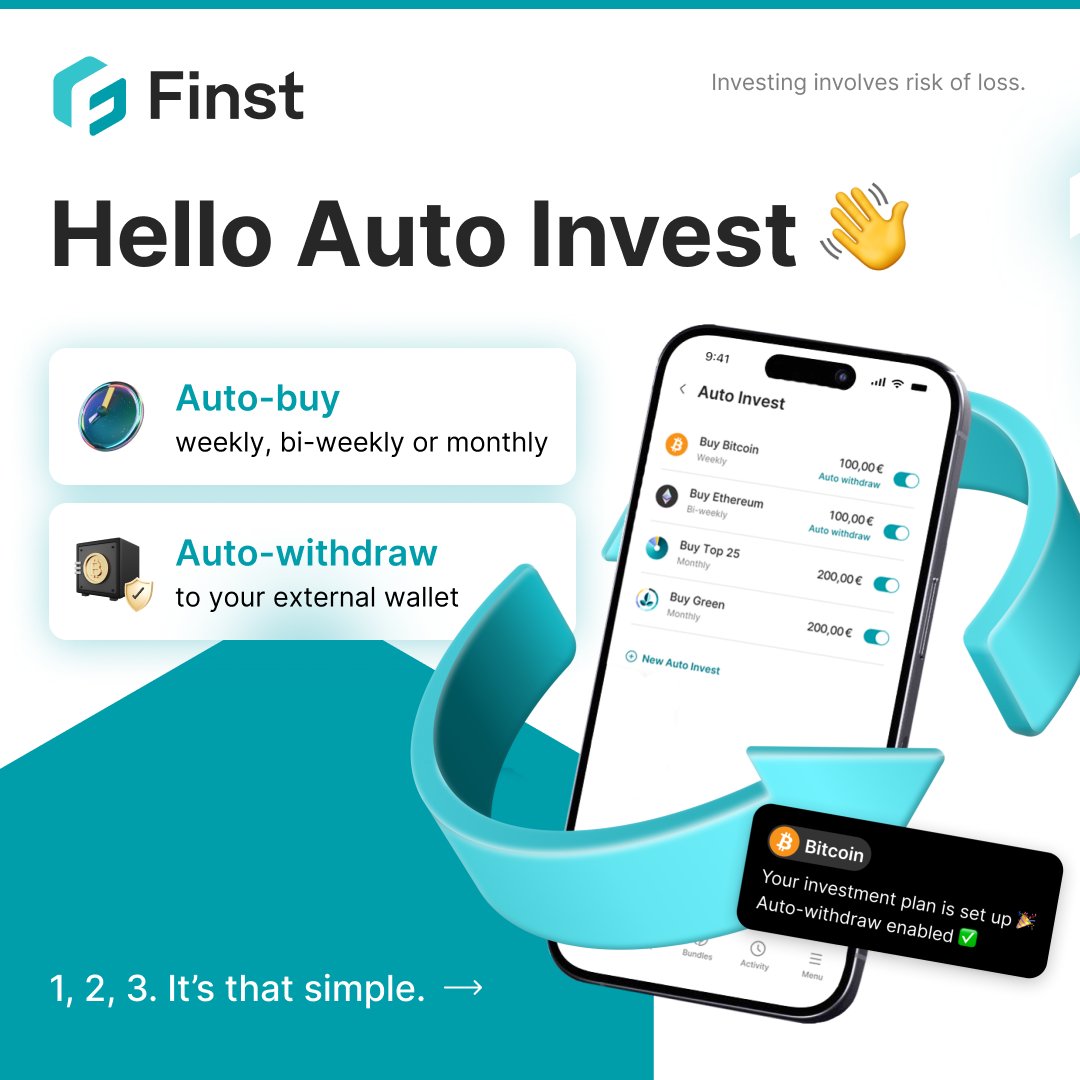 finst_official's tweet photo. Thrilled to introduce Auto Invest - the best crypto investment plan in the industry.

✨ Schedule recurring purchases on our coins &amp; Bundles
✨ Automatic withdrawals to your external wallet
✨ Choose your frequency
✨ No extra costs

Create your investment plan today!

#DCA https://t.co/UXg7EsPnEy