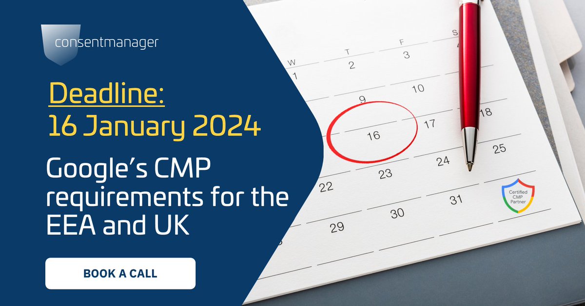 DEADLINE💥-  From 16 January 2024, companies will need an IAB TCF CMP certified by Google if they use Google AdSense, Ad Manager, AdMob in the EEA/UK. If you do not yet have a certified CMP in place, consentmanager can help you. 📞Book a call: tinyurl.com/ypw56a7d