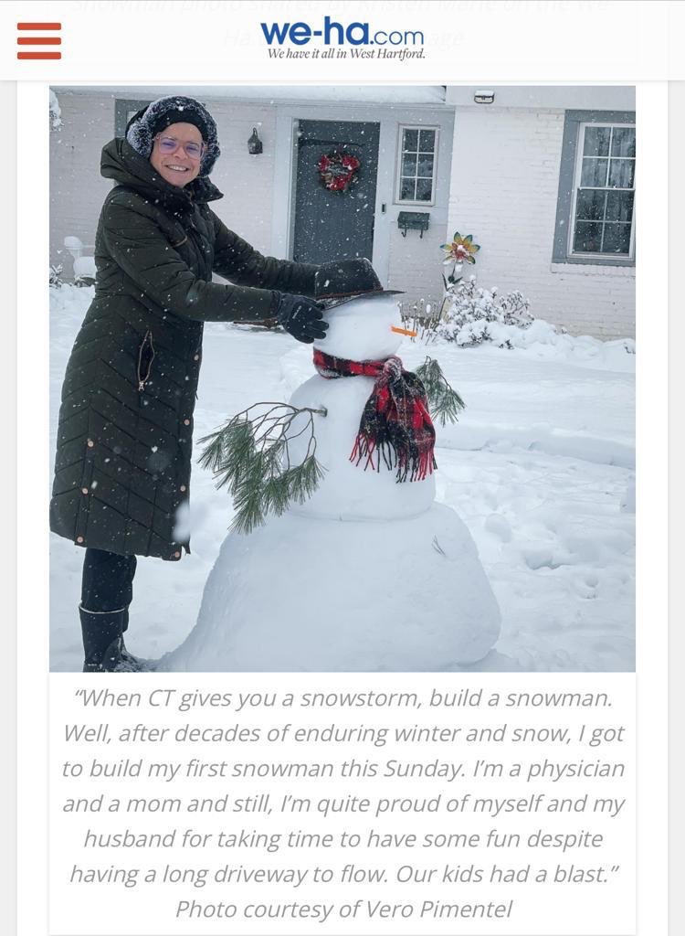 My snowman and I made to our town’s website. “When CT gives you a snowstorm, build a snowman. After decades of enduring winter and snow, I got to build my first snowman this Sunday.“