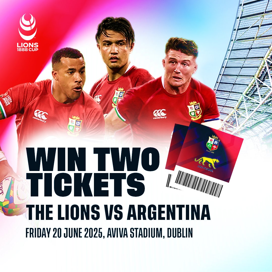 EnglandRugby's tweet photo. Win British &amp; Irish Lions tickets! 🎟

Feeling lucky? Click below and leave your details for a chance to win two tickets for @lionsofficial vs Argentina!

Friday 20th June 2025, Aviva Stadium, Dublin 📅