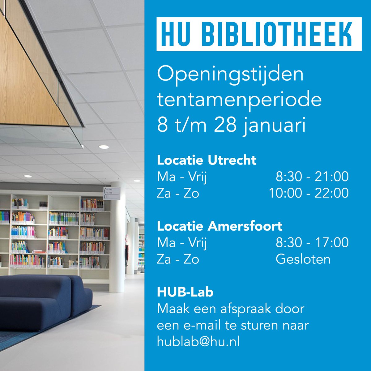 Zie hieronder onze openingstijden voor de tentamenperiode. Let op het weekend, za+zo 10.00-22.00! See here our openinghours during the examperiod. On weekends: 10.00-22.00!