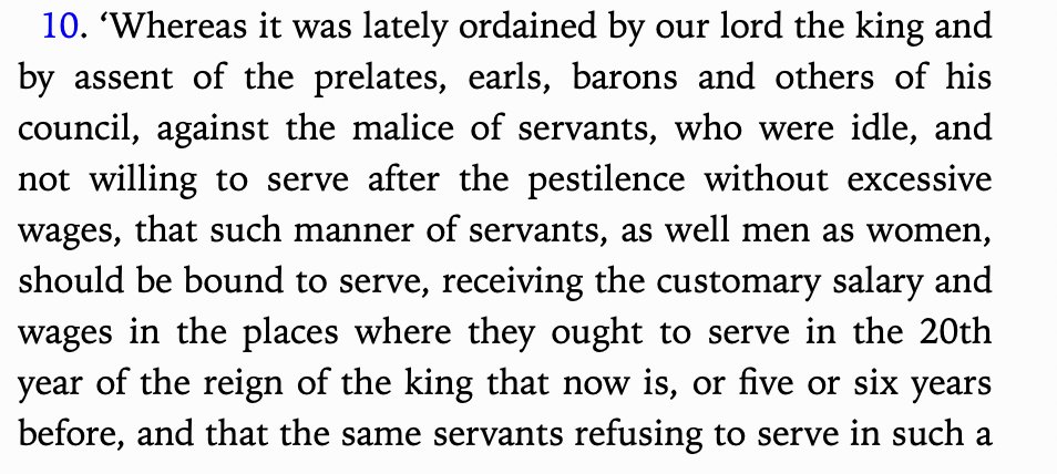 HeerJeet's tweet photo. After the Black Death, there lots of complaints from the ruling class that serfs &amp; peasants were quiet quitting and in general didn't want to work anymore. From tthe Statutes of Labourers, 1349-51. You can read the same stuff in the Wall Street Journal today. https://t.co/9LYhZeWxFi