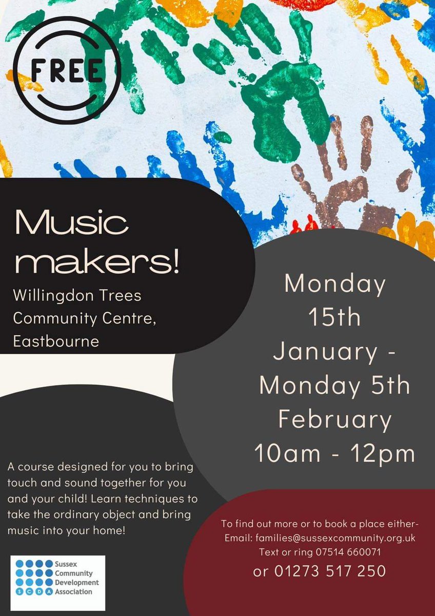 Willingdon_Tree's tweet photo. FREE Music Makers course here at the centre. Starting Monday 15th January until Monday 5th February 10am to 12pm.

To book please contact families@sussexcommunity.org.uk or by phoning 01273 517 250 or texting using 07514 660071 https://t.co/8iUc6GawrB