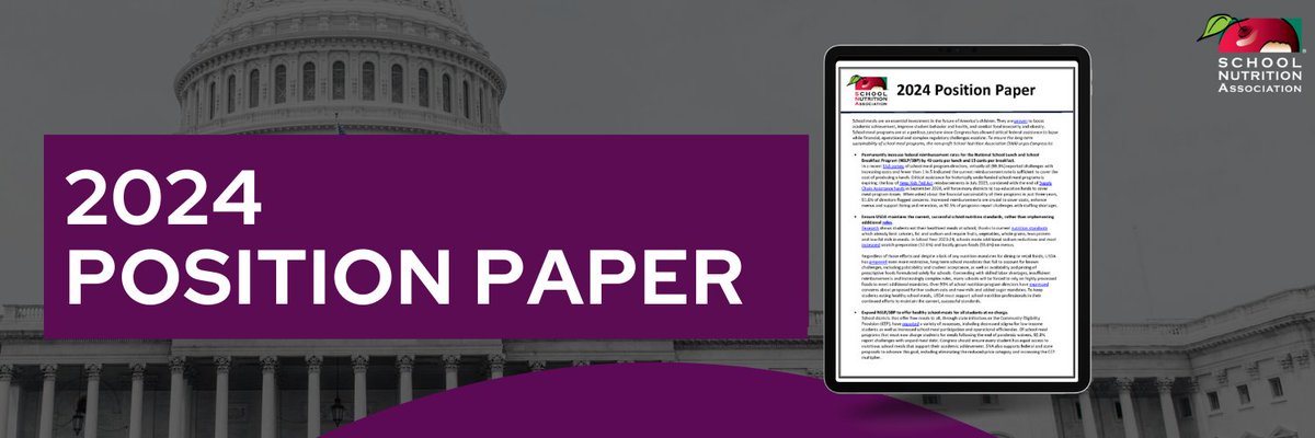 SchoolLunch's tweet photo. SNA is urging Congress to increase school meal reimbursements, maintain current nutrition standards &amp; expand #SchoolMeals4All. Read about today's 2024 Position Paper release here https://t.co/zoMp7HJEF6 https://t.co/nXFOxZRUZM