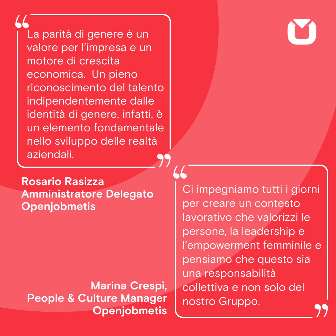 Openjobmetis's tweet photo. Il Gruppo Openjobmetis ottiene la certificazione della #paritàdigenere da #Certiquality. Un riconoscimento che attesta l'impegno del Gruppo nel garantire un trattamento equo, la valorizzazione del #talento indipendentemente dal genere, un ambiente di #lavoro libero da discriminazioni e improntato alla cultura dell'#inclusione.