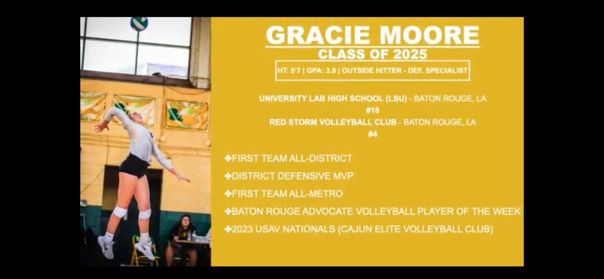 ***College VB Coaches***
Class of 2025!
Gracie Moore
Junior year at University Lab highlights!
<a href="/GracieMoore01/">Gracie Moore</a> 

Click the link below!

lsu.app.box.com/s/81qahfv66vjn…