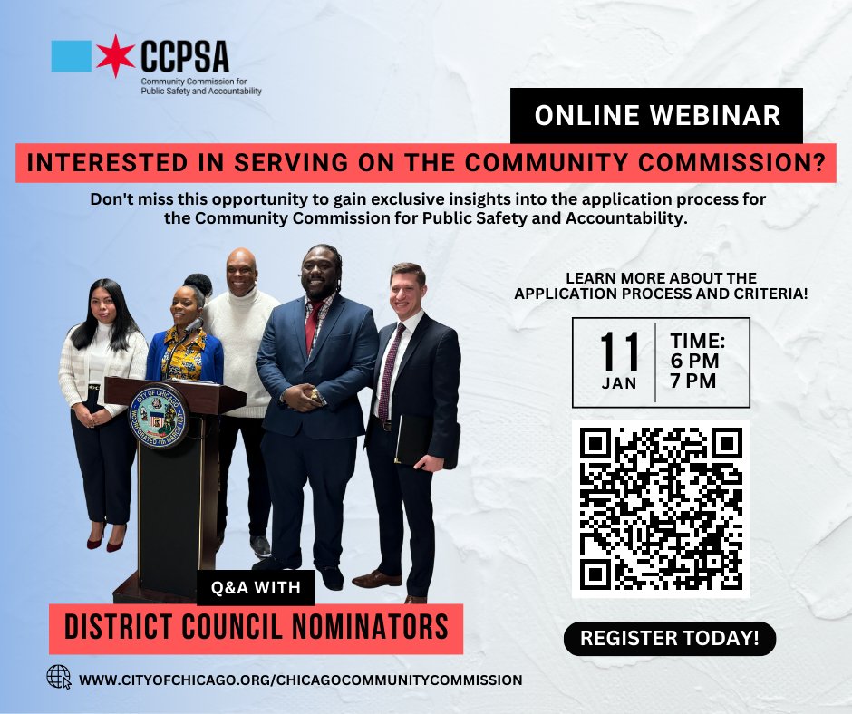 RNRA_Chicago's tweet photo. Interested in applying for a position on the Community Commission for Public Safety and Accountability?  Join a zoom webinar offering  insights into the application process, and criteria, Thursday- January 11, 2024 6pm-7pm  Register Here: https://t.co/KRFluBhEGW... https://t.co/9zRAmHSs4h