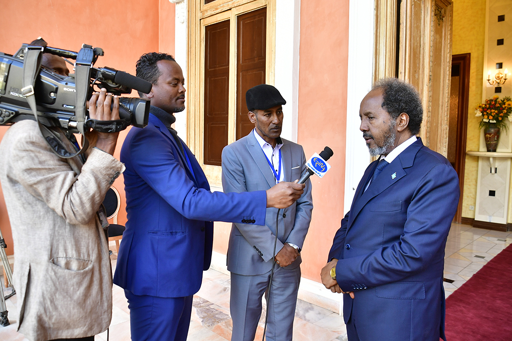 shabait's tweet photo. Interview of Eri-Tv with President Hassan Sheikh Mohamud:  Excerpts

“I have frequently visited Eritrea. For us Eritrea is home. We came here to brief His Excellency President Isaias about the situation in Somalia’s war against the terror going on in Somalia where Eritrea is supporting us heavily.
I also came to brief His Excellency about the recent dynamics of the region.
Our region is a very volatile region. I just came to share with him the perspectives of Somalia about the region. So it was information-sharing and briefing to each other that we do frequently.
Well, Eritrea has always been with Somalia and we are very much grateful for that. Eritrea has extensively supported Somalia and the war against al-Shabaab.
And of course, Eritrea has been in support of preserving the sovereignty, unity and territorial integrity of Somalia and that is the international position of Eritrea. And still it is and His Excellency, the President, reiterated the same to me today. We are very much grateful for that as well”.