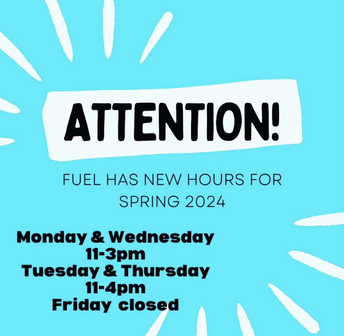 The start of the semester is here and FUEL has new hours for the spring. We look forward to seeing many new and familiar faces at FUEL here in the coming weeks. Stop in and say hi!