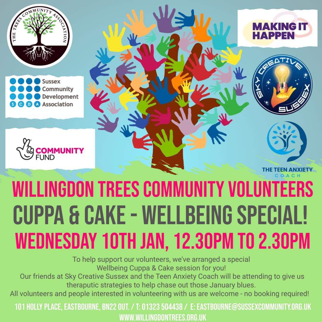 Willingdon_Tree's tweet photo. Calling all Willingdon Trees community volunteers!

Join us for Cuppa and Cake - wellbeing special Wednesday 10th January 12:30pm to 2:30pm here at Willingdon Trees Community centre.

There will be our friends at Sky Creative Sussex and The Teen Anxiety coach attending. https://t.co/NU8LIp2n23