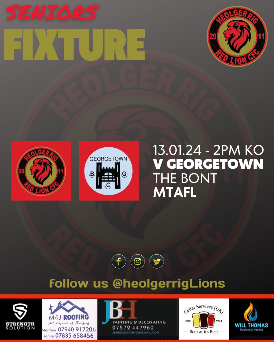 HeolgerrigLions's tweet image. Next up for our seniors🔴⚫️

🏆 | @Merthyr_AFL 
🆚 | @GeorgetownSnrs 
📆 | Saturday 13th January 2024
⏰ | 14:00 KO
📍 | @ The Bont
📫 | CF47 9HH