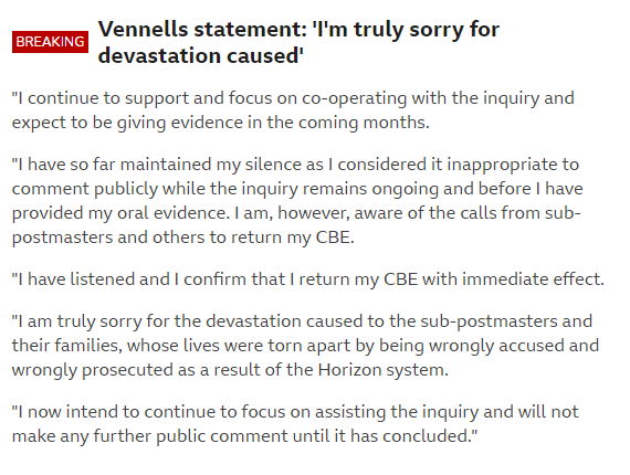 'Former Post Office boss Paula Vennells to hand back CBE' The road to justice can be hideously long. I sincerely hope this is just the start of Vennells being held accountable for her actions and the unimaginable harm endured by so many. bbc.co.uk/news/live/uk-p…