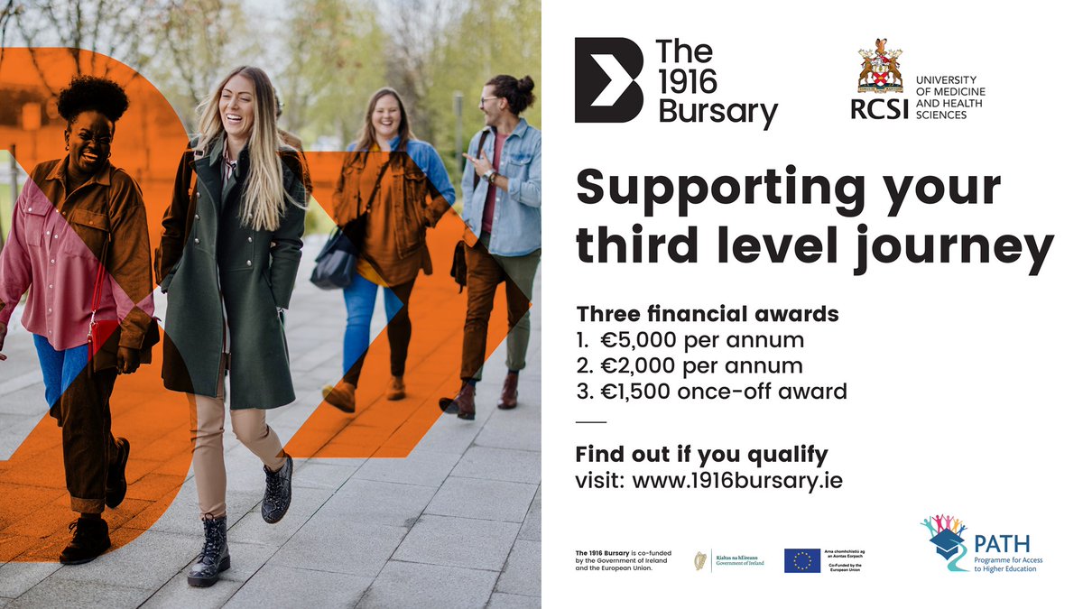 📢 The 1916 Bursary is a financial award to encourage  participation & success of students from underrepresented groups in higher education. #1916Bursary applications open until 25/1/2024  
Check eligibility and apply  1916bursary.ie 
#wideningparticipation  #rcsiengage