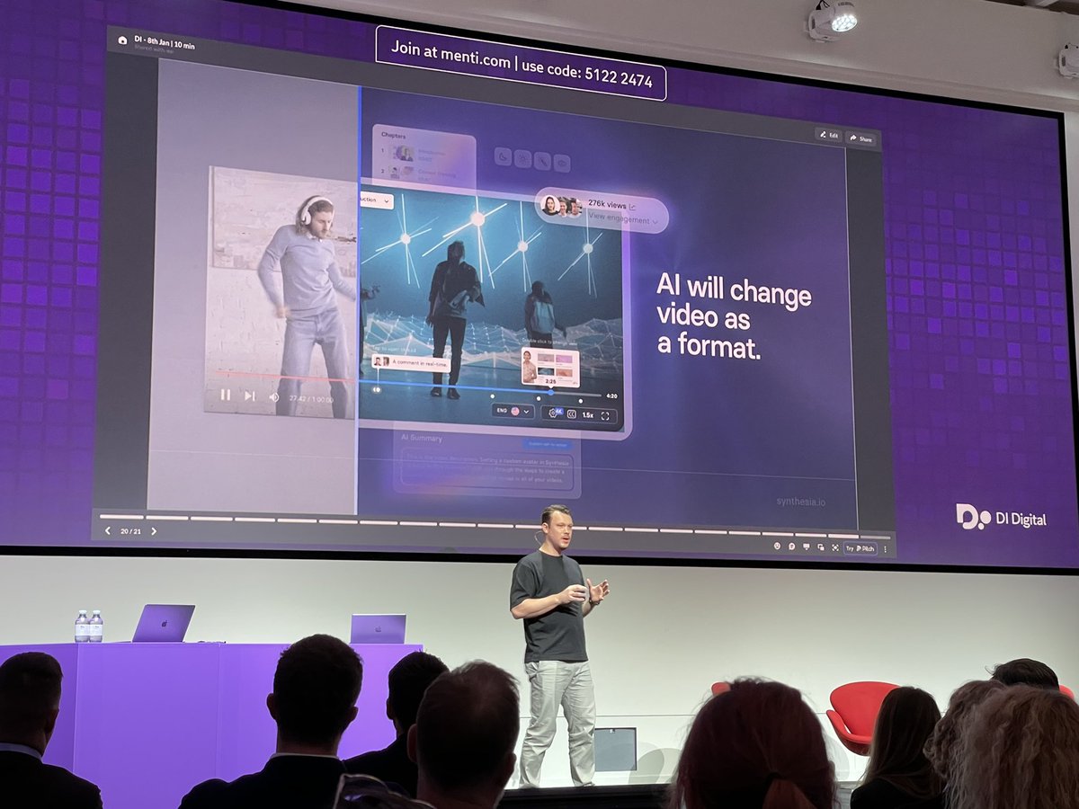 Listening to <a href="/vriparbelli/">Victor Riparbelli</a> from @SynthesiaIO speak about evolution of “The AI Camera” at #AIforAll from <a href="/DanskIndustri/">DI - Dansk Industri</a>

He is showcasing their product - and it's an order of magnitude more sophisticated and simple than any AI tool I have seen. 

Unprecedented opportunities abound.
