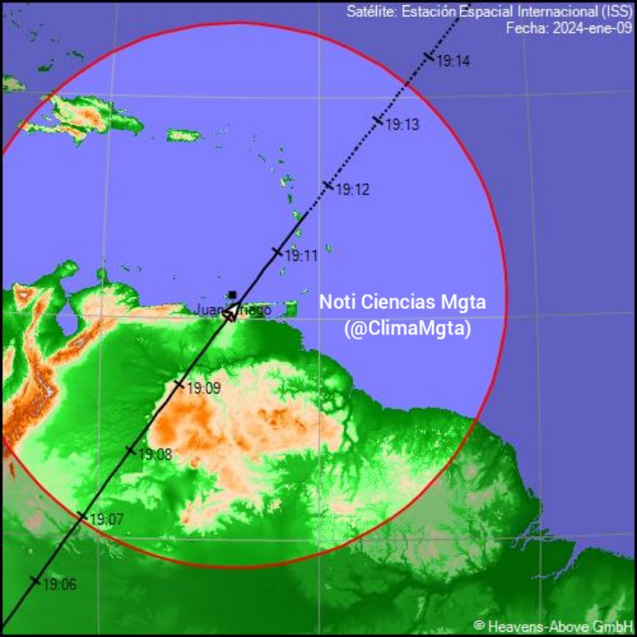 🛰️ Espacio 🚀

📝Hoy a las 7:06 pm ocurrirá un paso visible de la EEI (Estación Espacial Internacional). Cruzará sobre Venezuela en sentido Suroeste - Noreste. Será muy brillante. 

Recuerden, es un objeto luminoso o punto de luz brillante en movimiento. 

🗓️#09ene
