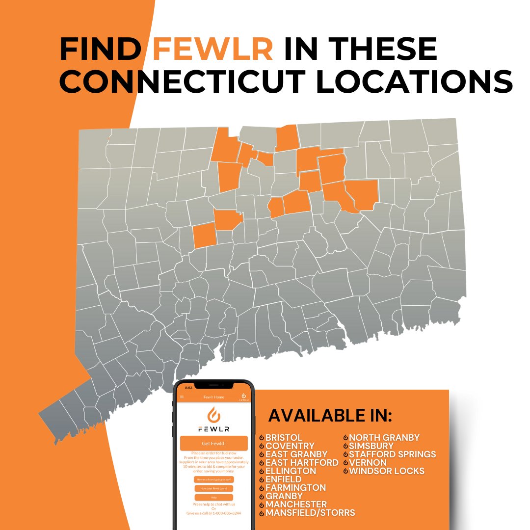 Fewlr is now available in these Connecticut locations! If we're not in your town yet, we will be soon! Stay updated by following our page. 

#connecticut #connecticutbusiness #homeheatingoil