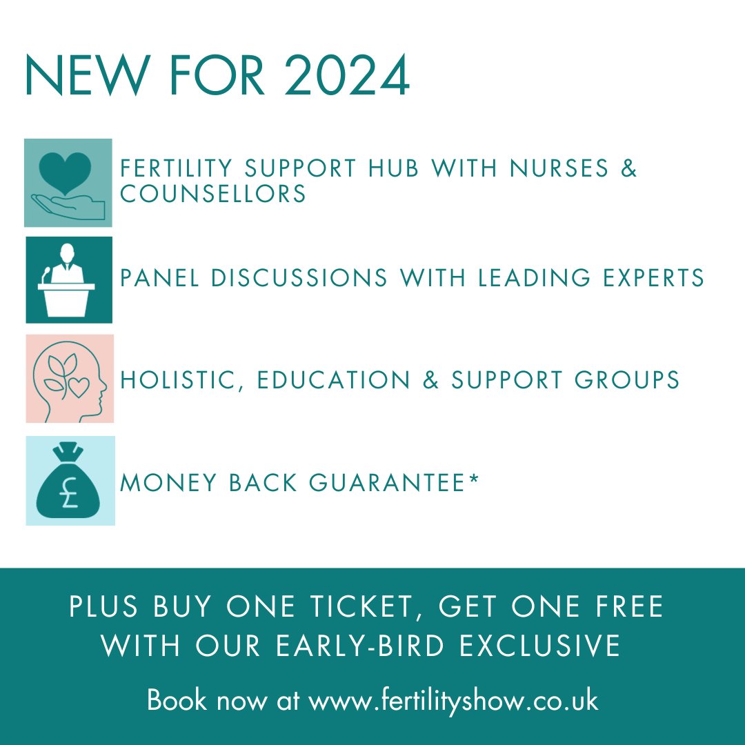 Tickets for this year’s LIVE Fertility Show are NOW ON SALE! 

We will be BACK on the 18th - 19th May at Olympia London. Take advantage of our fantastic early bird offer - buy one ticket, get one free* &amp; our money back guarantee. 

Book your tickets now.

linktr.ee/TheFertilitySh…