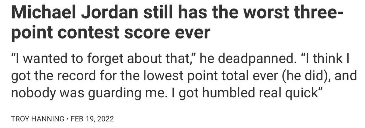 MythNix's tweet photo. Also on this day, Mark Price stated he was upset that he got by-passed for the 3 pt contest for MJ.

MJ , with no titles yet, was taken over the top 3 pt shooter in history to that point.

Of course, MJ scored 5 pts, the lowest 3 pt total EVER in the contest, TO THIS DAY. 🤢

2/3 https://t.co/NcSKeJdhVu