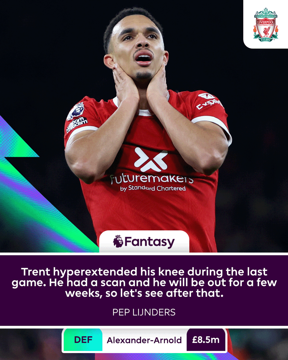 OfficialFPL's tweet photo. 🚨 Bad news #FPL managers 🚨

Trent Alexander-Arnold has picked up an injury and is set for a spell on the sideline 🤕 https://t.co/hmrvHVkKCQ