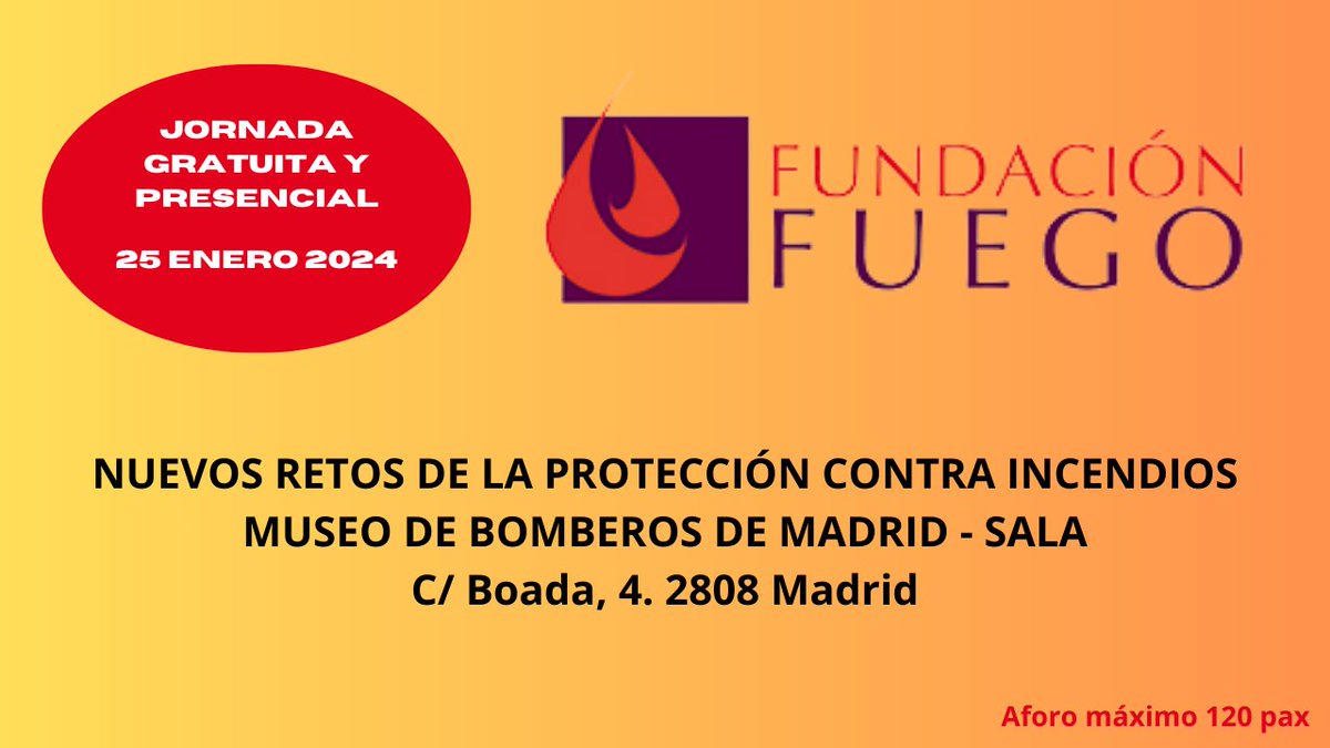 CGATEsp's tweet photo. Interesante jornada sobre los Nuevos Retos de la Protección Contra Incendios, organizada por la Fundación Fuego.

🗓️25 de enero, 9–14.30h en el Museo de Bomberos de Madrid  Inscripciones 

🔗https://t.co/XnDlTXd3eK https://t.co/rj5TJVWhgs