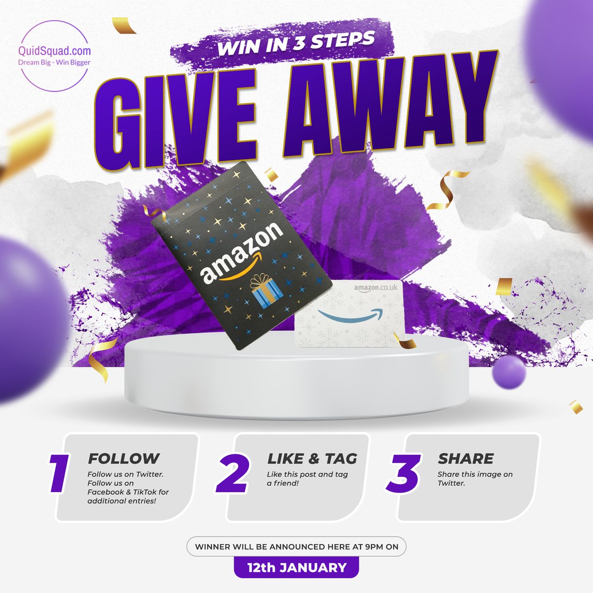 QuidSquad.com are giving you the chance to win a £25 Amazon Gift Card! Just follow, like, tag and share this post and we'll draw a winner at random on Friday 12th Jan at 9pm! Extra entries if you follow us on Facebook and TikTok too! #win #prize