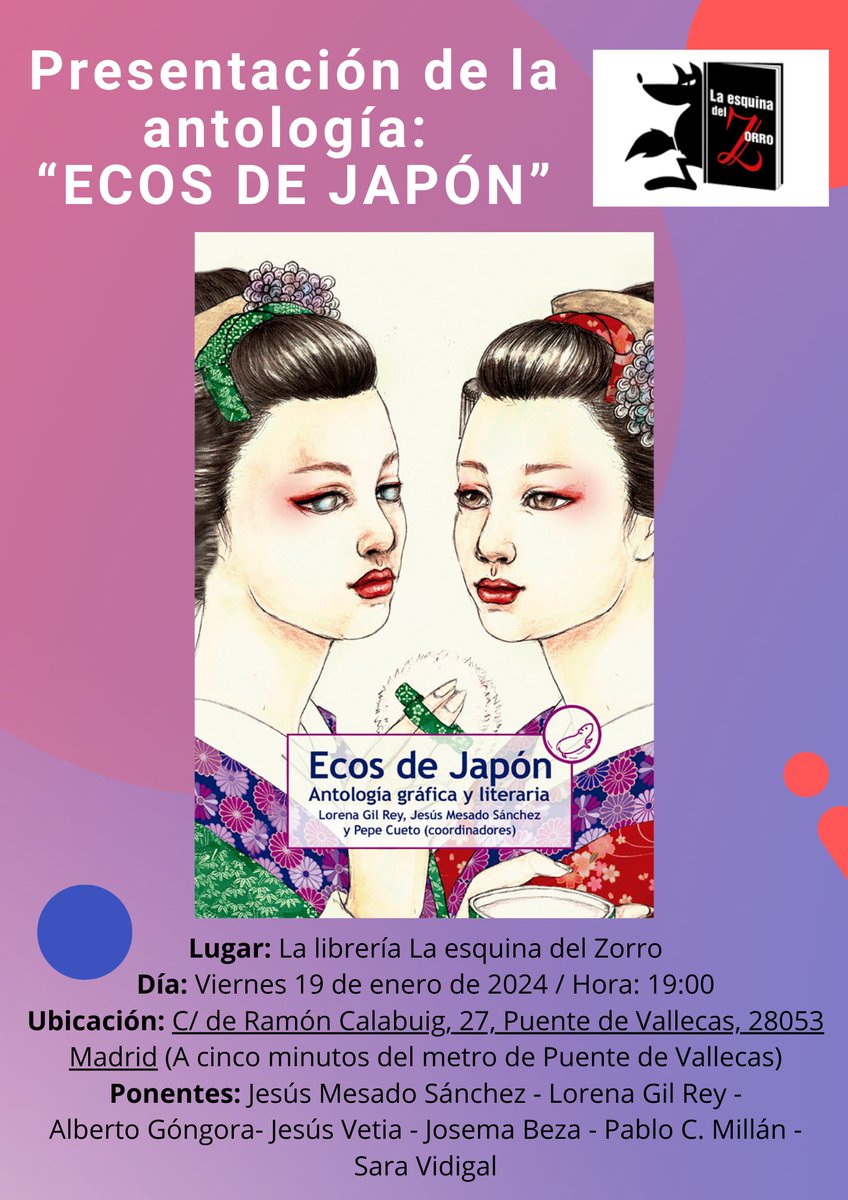 Me complace anunciar, que el próximo viernes 19 de enero a las 19:00 presentaremos en Madrid por primera vez la antología: "ECOS DE JAPÓN" bajo el sello editorial <a href="/MatracaEd/">Matraca Ediciones</a>, esta tendrá lugar en la librería <a href="/esquinadelzorro/">La esquina del zorro</a> en Puente de Vallecas. A cinco minutos del metro.