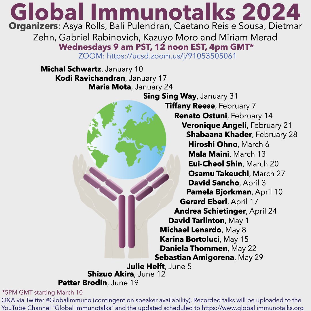 Looking forward to our next #globalimmuno talk this Wednesday, January 10th at 9am PST, noon EST, 4pm GMT by Dr. Michal Schwartz. Title: “The immune system protects the healthy mind” LINK: ucsd.zoom.us/j/91053505061