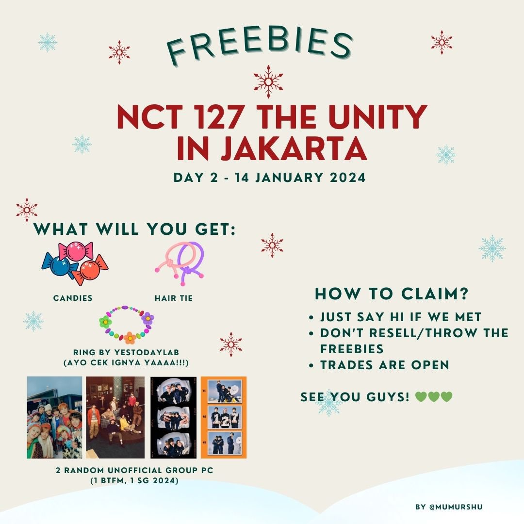 — FREEBIES NCT 127 THE UNITY IN JAKARTA —

📆 : Day 2 - 14 January 2024 
📍 : Indonesia Arena, Senayan 

- Like &amp; RT are appreciated!
- Limited qty‼️ 

See you guysss💚💚💚

#NEOCITY_THE_UNITY_JKT
 #THEUNITYINJAKARTA