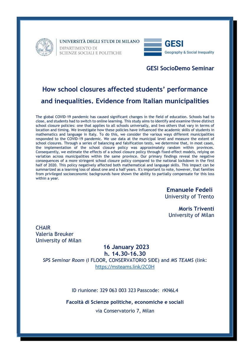 GESI_project (@gesi_project) on Twitter photo 📌Save the date! Don't miss the next #sociodemoseminar on Tuesday 16th of January, on #school closures #education #studentperformance #inequalities after #Covid19, presented by <a href="/fedeli88/">Emanuele Fedeli</a> and <a href="/MorisTriventi/">MorisTriventi</a>. 📌Save the date! Don't miss the next #sociodemoseminar on Tuesday 16th of January, on #school closures #education #studentperformance #inequalities after #Covid19, presented by <a href="/fedeli88/">Emanuele Fedeli</a> and <a href="/MorisTriventi/">MorisTriventi</a>.