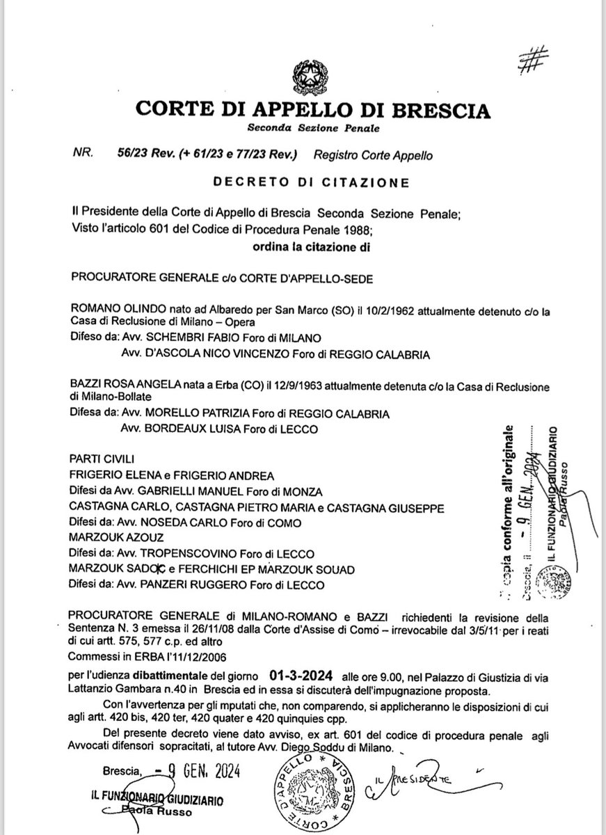 Strage di Erba.

Ecco la citazione a giudizio delle parti emessa dal Presidente della Corte d’Appello di Brescia.

Grazie a tutte le persone che in questi anni hanno supportato il nostro lavoro a <a href="/redazioneiene/">Le Iene</a>