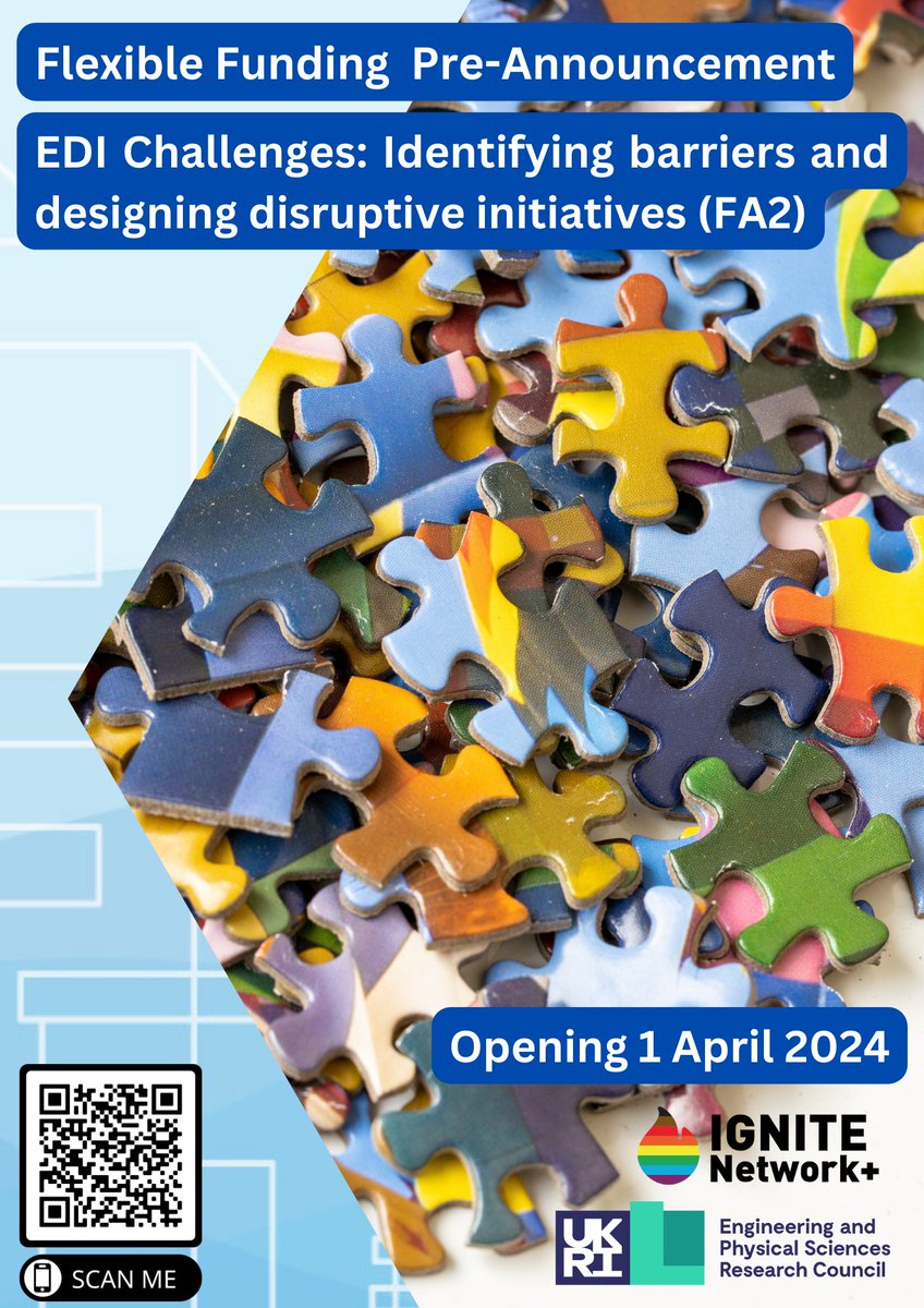 Pre-announcement: Flexible Funding call for EDI Challenges round 2.  Opens 1 April 2024  ignitenetplus.ac.uk/latest/funding…  🔁 🙏

#DiversityInEnergy #DiversityInSTEM #EnergyResearch #Equality #Diversity #Inclusion #EPSRC 🧵1/5